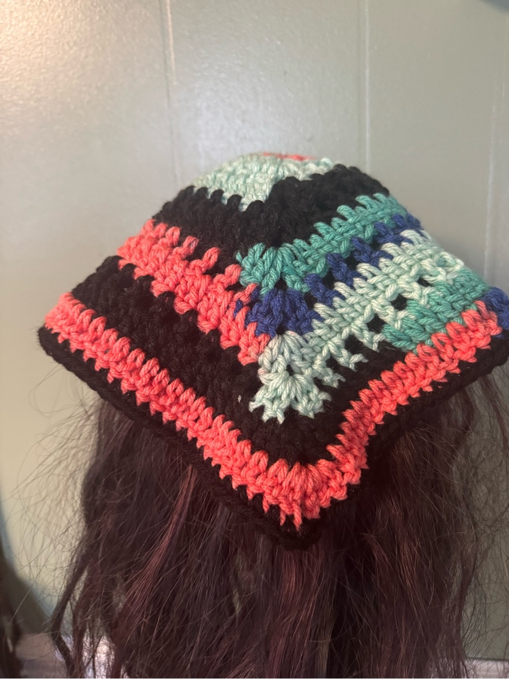 Handmade Crocheted Multicolor hair, banana Coral, Black & Teal